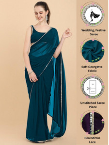 forkey solidplain self design embellished bollywood georgette saree blue
