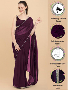 forkey solidplain self design embellished bollywood georgette saree purple