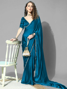 forkey solidplain kasavu satin saree light blue