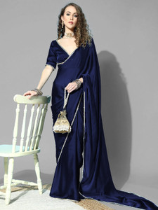 forkey solidplain kasavu satin saree dark blue