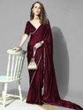 FORKEY Solid/Plain Kasavu Satin Saree (Maroon)