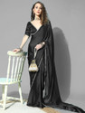 FORKEY Solid/Plain Kasavu Satin Saree (Black)