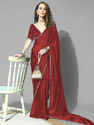 FORKEY Solid/Plain Kasavu Satin Saree (Red)