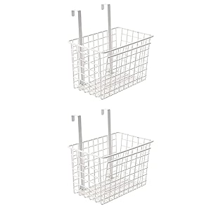 milk basket for main door wire grid storage basket with hooks metal hanging basket kitchen storage organiser holder over door hanging basket for storage for pantry bathroom - white 2 pcs