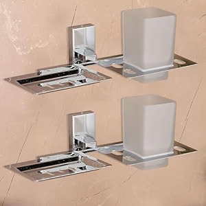fortune stainless steel 304 grade wall mounted 2 in1 soap dish with glass tumbler holdersoap standtooth brush holderbathroom accessories chrome- sqaure pack of 2