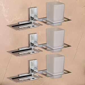 fortune stainless steel 304 grade wall mounted 2 in1 soap dish with glass tumbler holdersoap standtooth brush holderbathroom accessories chrome- sqaure pack of 3
