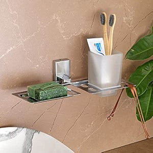 fortune stainless steel 304 grade wall mounted 2 in1 soap dish with glass tumbler holdersoap standtooth brush holderbathroom accessories chrome- sqaure pack of 1