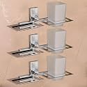 FORTUNE Stainless Steel 304 Grade Wall Mounted 2 In1 Soap Dish with Glass Tumbler Holder/Soap Stand/Tooth Brush Holder/Bathroom Accessories Chrome- (Sqaure, Pack of 3)