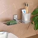 FORTUNE Stainless Steel 304 Grade Wall Mounted 2 In1 Soap Dish with Glass Tumbler Holder/Soap Stand/Tooth Brush Holder/Bathroom Accessories Chrome- (Sqaure, Pack of 1)