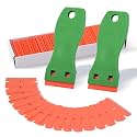 FOSHIO 2PCS Green Plastic Razor Sticker Remover Paint Scrapers with Contoured Grip + 100 PCS 1.5 inch Refillable Double Edge Plastic Razor Blades for Cleaning Adhesive Vinyl Decals Stickers Labels