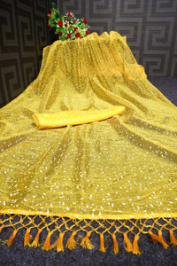 fospy woven bollywood net saree yellow