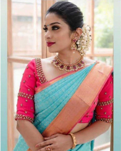 fospy woven kanjivaram silk blend saree light blue