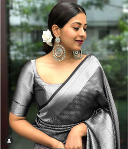 fospy woven kanjivaram silk blend jacquard saree silver black