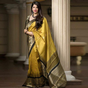 fospy woven kanjivaram silk blend saree yellow