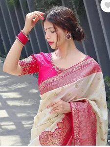 fospy woven kanjivaram silk blend saree white pink