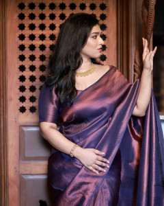 fospy woven kanjivaram silk blend saree dark blue
