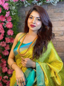 fospy woven kanjivaram silk blend saree light blue yellow