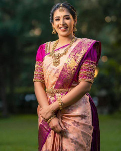 fospy woven kanjivaram silk blend saree pink