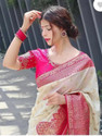 fospy Woven Kanjivaram Silk Blend Saree (White, Pink)