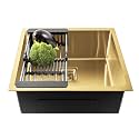 Fossa 18"x16"x09" Premium Stainless Steel Handmade Single Bowl Kitchen Sink | Scratch Resistant, Anti-Stain | With Coupling, Waste Pipe, and Fruit Basket in Gold (Matte Finish)