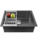 Fossa 24"x18"x10" Single Bowl Premium Stainless Steel Handmade Kitchen Sink Round Coupling (Matte Finish) Black