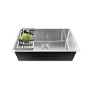 Fossa 30"x18"x 10" Single Bowl Handmade Kitchen Sink, 5-Year Warranty, Classic Stainless Steel, 2 mm Collar, Square Waste Coupling, Waste Pipe &amp; Fruit Basket, Silver Matte Finish