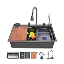 Fossa 30"x18" 5-Year Warranty Kitchen Sink Pure Original Premium Stainless Steel Waterfall Kitchen Sink with Pull Down Sprayhead Faucet Single Bowl with Multiple Accessories Black (Matte Finish)