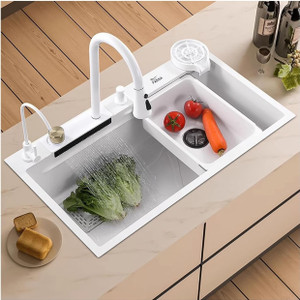 fossa 30x18 single bowl waterfall kitchen sink honeycomb embossed sink with white nano coating rectangular workstationfaucet with all accessories vessel sink white