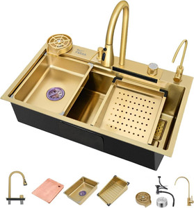fossa 30x18 waterfall workstation kitchen sink honeycomb embossed rectangular stainless steel gold nano sink with integrated pull-out faucet all accessories vessel sink gold