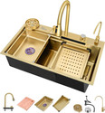 Fossa 30"x18" Waterfall Workstation Kitchen sink Honeycomb Embossed Rectangular Stainless Steel Gold Nano Sink With Integrated Pull-Out Faucet all Accessories. Vessel Sink (Gold)