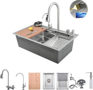 fossa 30x18x09 waterfall kitchen sink ss 304 grade with pull-down faucet silver fs-wfn vessel sink silver