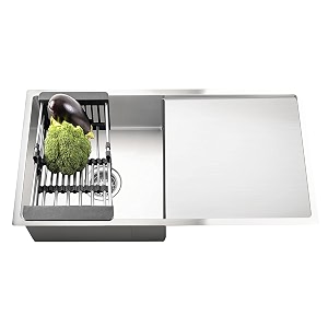 fossa 3234x2034x1034 single bowl handmade kitchen sink with drain board  premium stainless steel  round coupling  anti-rust scratch-resistant sink for modular kitchens  silver matte finish