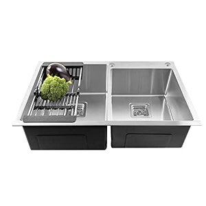fossa 3234x1834x1034 inch double bowl tap hole ss-304 grade stainless steel handmade kitchen sink matte finish silver