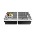 Fossa 32"x18"x10" Double Bowl Premium Stainless Steel Handmade Kitchen Sink (Round Coupling) Matte Finish silver