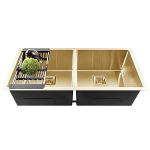 fossa 3734x1834x1034 double bowl premium stainless steel handmade kitchen sink matte finish fs-13f gold