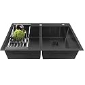 FOSSA 37"x18"x10" Double Bowl With Tap Hole Premium Handmade Kitchen Sink Stainless Steel Matt Finish FS-11C Black