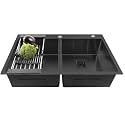 FOSSA 37"x18"x10" Double Bowl with Tap Hole Premium Stainless Steel Handmade Kitchen Sink Matte Finish FS-11F Black