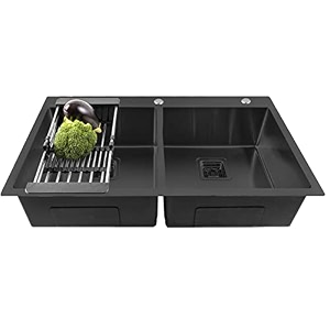 fossa 4534x2034x1034 inch double bowl with tap hole premium stainless steel handmade kitchen sink matte finish black
