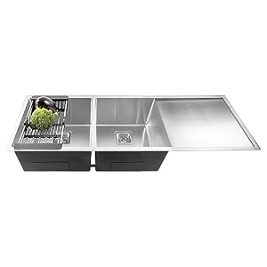 fossa 4534x2034x1034 inch double bowl with drain board premium stainless steel handmade kitchen sink matte finish silver