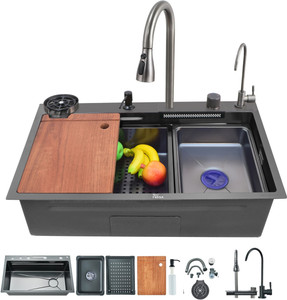 fossa 30x18 waterfall workstation kitchen sink with pull-out faucet fs-wf1 vessel sink black