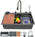 Fossa 30x18 Waterfall Workstation Kitchen Sink With Pull-Out Faucet FS-WF1 Vessel Sink (BLACK)