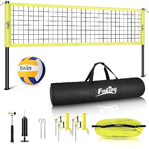 fostoy volleyball net outdoor professional portable volleyball net set with adjustable height poles anti-sag system soft volleyball pump boundary line and carrying bag for backyard beach lawn