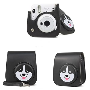 protective soft pu leather camera case bag compatible with fujifilm instax mini 11 instant film camera with shoulder strap black husky