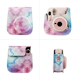 protective soft pu leather camera case bag compatible with fujifilm instax mini 11 instant film camera with shoulder strap bluepink watercolor
