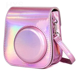 protective soft pu leather camera case bag compatible with fujifilm instax mini 11 instant film camera with shoulder strap holographic pink