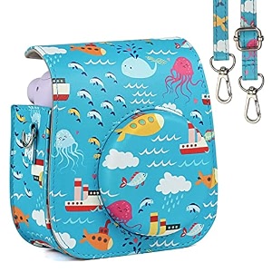 protective soft pu leather camera case bag compatible with fujifilm instax mini 11 instant film camera with shoulder strap submarine