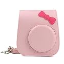 Protective Soft PU Leather Camera Case Bag Compatible with Fujifilm Instax Mini 11 Instant Film Camera with Shoulder Strap (Pink Bowknot)