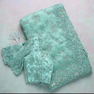 fournine embroidered bollywood organza saree light blue