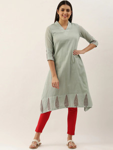 fourleaf printed pure cotton a-line kurta for women grey