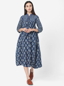 fourleaf striped pure cotton flared kurta for women dark blue